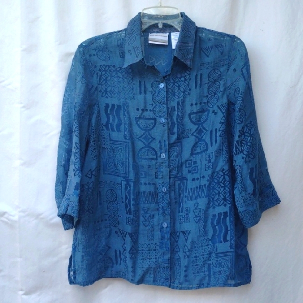 Alfred Dunner Blue Burnout Button-up Top Women's 14P Petite